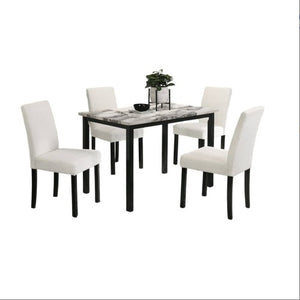 White Color Wool Fabric Chairs Faux Marble Top Table 5pc Dining Set Kitchen Dinette Cushions Upholstered 4x Chairs Dining Room