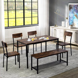 Dining Table Chair And Bench Set 6 Wooden Steel Frame Industrial Style Kitchen Dining Table Set