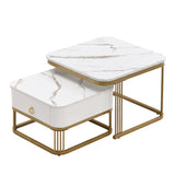 Nestable Coffee Table High Gloss Marble Exterior, Gold Accents, Side Table With Drawer. Set Of Two