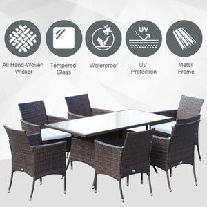 Outsunny 6 Seater Rattan Dining Set With Cushions, Rattan Garden Furniture Set With 6 Armchairs, Rectangular Glass Top Table, Outdoor Dining Table And Chairs, Brown