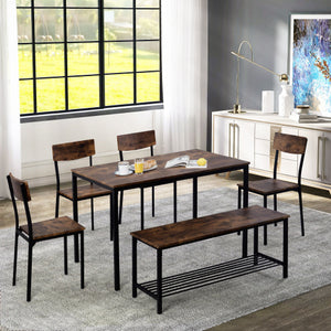 Dining Table Chair And Bench Set 6 Wooden Steel Frame Industrial Style Kitchen Dining Table Set