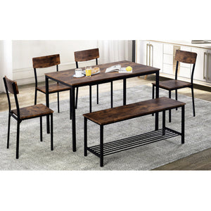 Dining Table Chair And Bench Set 6 Wooden Steel Frame Industrial Style Kitchen Dining Table Set