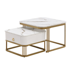 Nestable Coffee Table High Gloss Marble Exterior, Gold Accents, Side Table With Drawer. Set Of Two