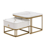 Nestable Coffee Table High Gloss Marble Exterior, Gold Accents, Side Table With Drawer. Set Of Two